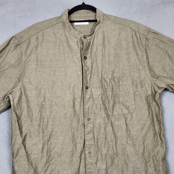 Uniqlo Shirt Mens Medium Green Linen Cotton Band Collar Short Sleeve Button - Picture 5 of 12